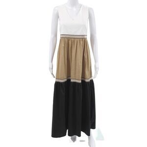 Jennifer Tattanelli Womens White Cotton V-Neck Colorblock Maxi Dress Size 40